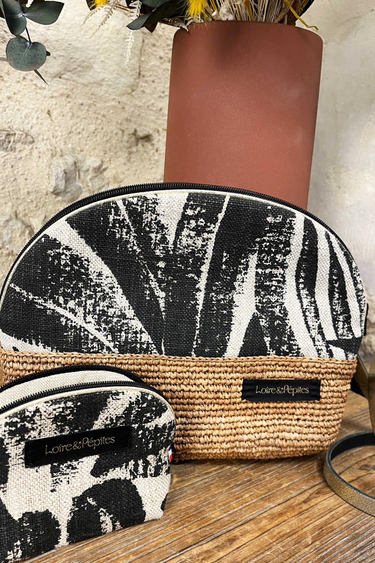 SAC BANDOULIERE TROUSSE RAPHIA – Lin Feuillage noir