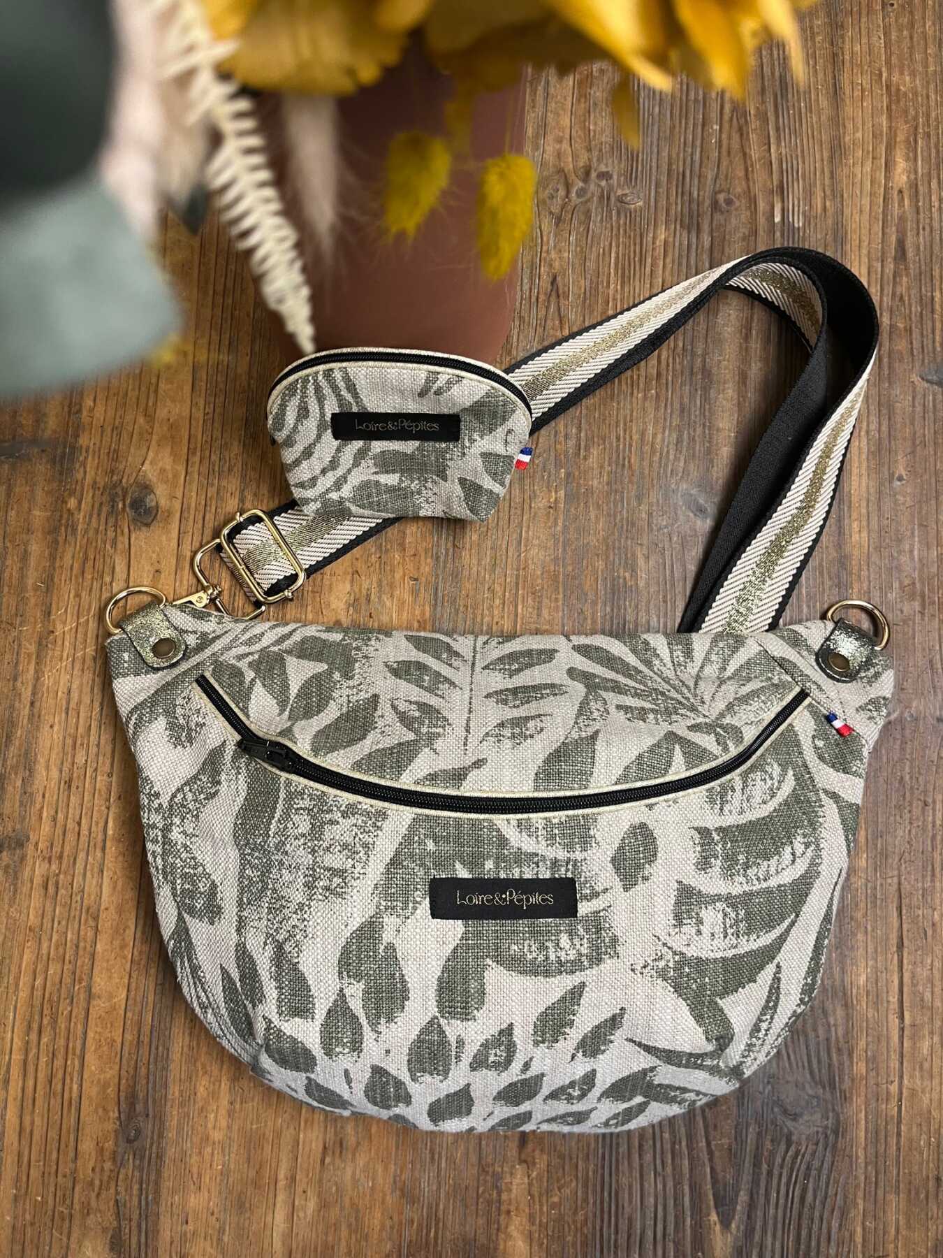 SAC BANANE en lin motif végétal fait main | Sac artisanal naturel