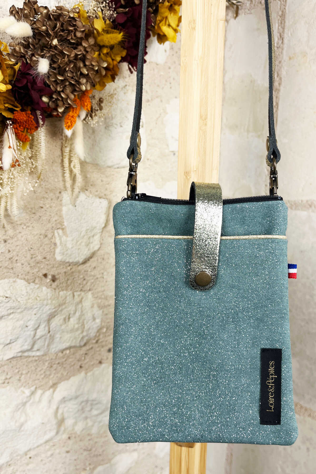 POCHETTE TELEPHONE BANDOULIERE – Pailletée – Blue denim