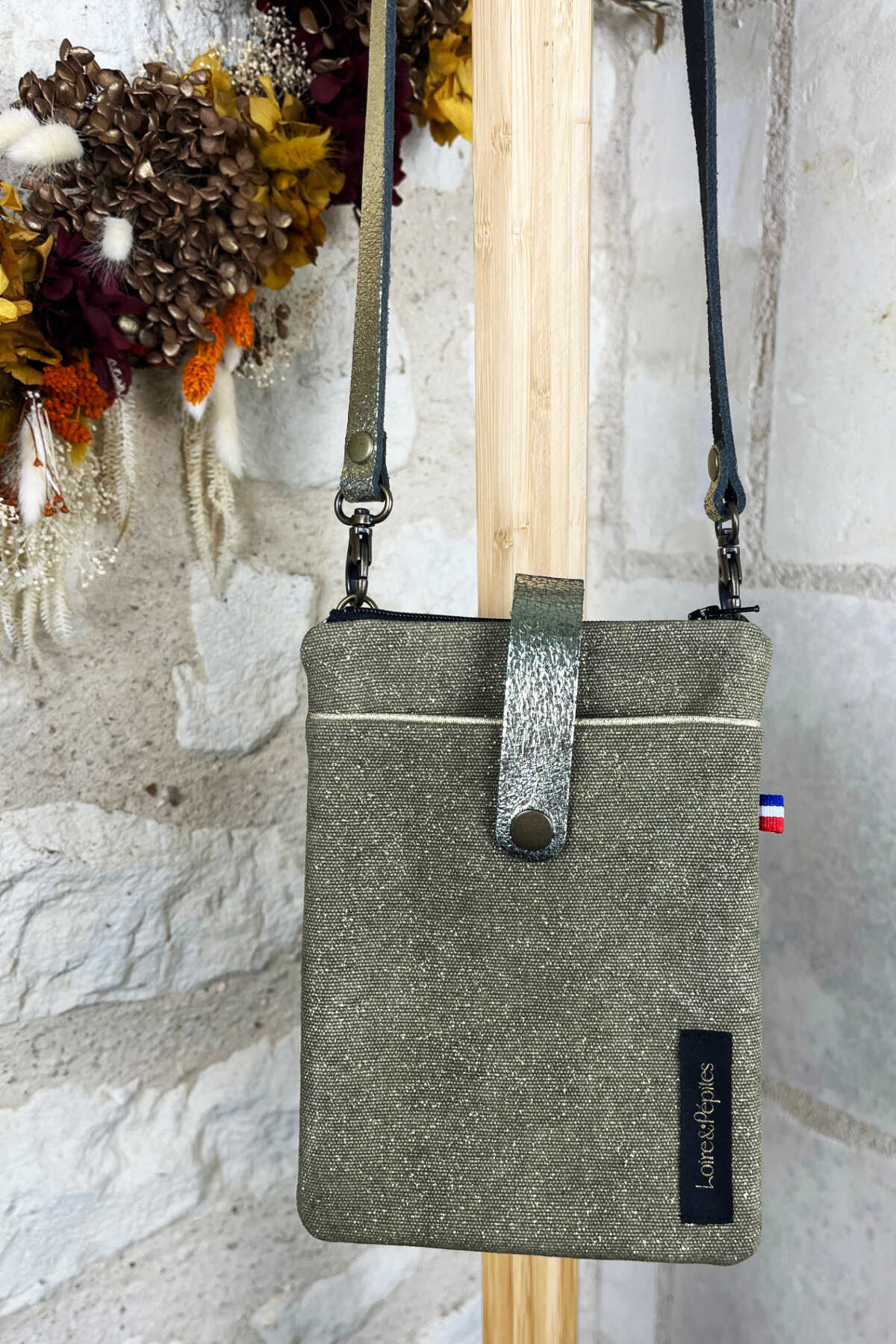 POCHETTE TELEPHONE BANDOULIERE – Pailletée – Kaki