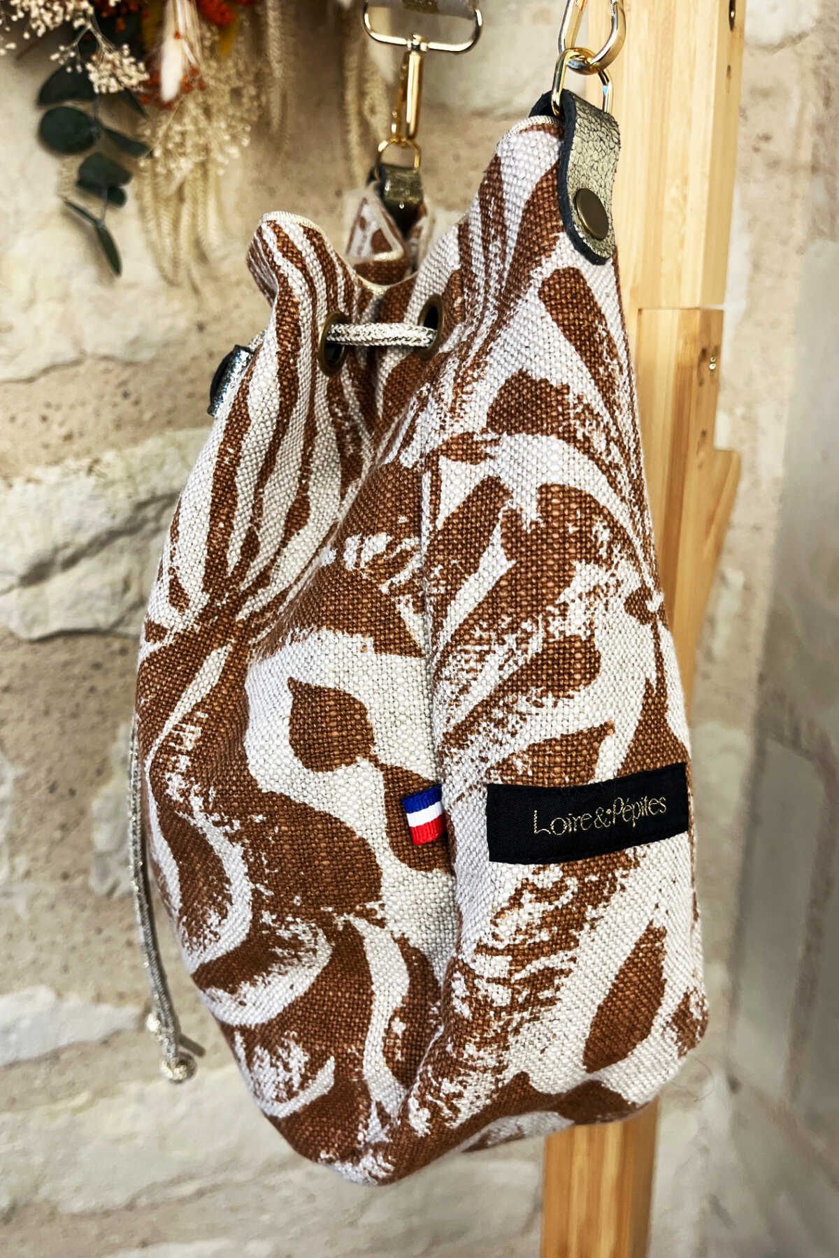 SAC SEAU BANDOULIERE – Lin/Coton – Feuillage terracota