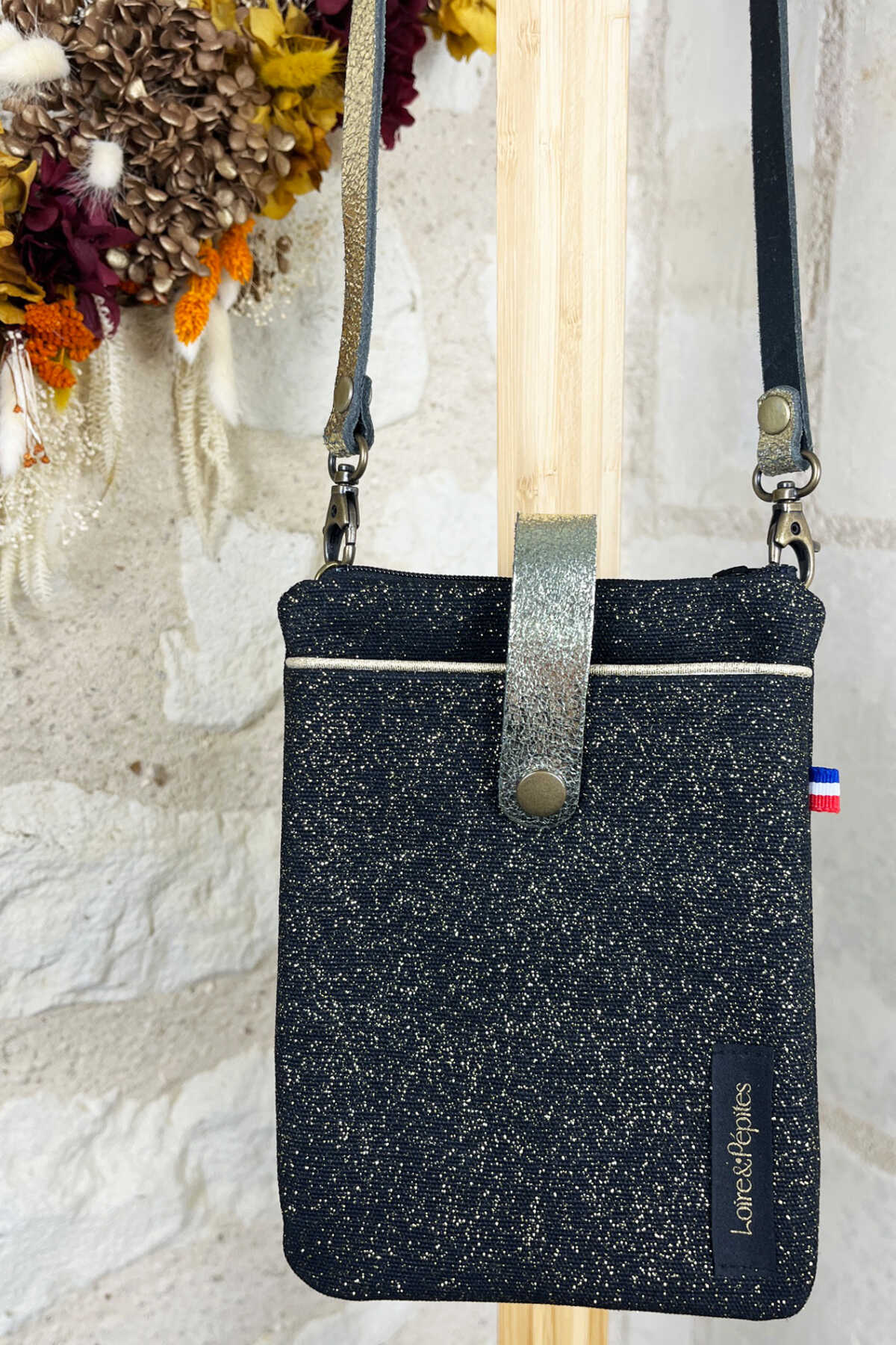 POCHETTE TELEPHONE BANDOULIERE – Pailletée – Noire