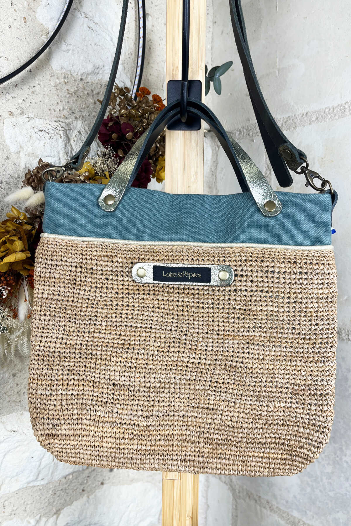SAC A MAIN BANDOULIERE –  Raphia/lin – Celadon