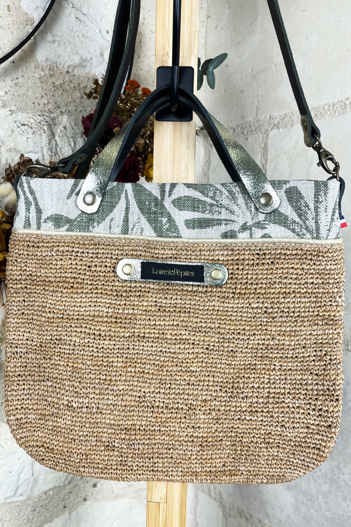 SAC A MAIN BANDOULIERE –  Raphia/lin – Feuillage kaki