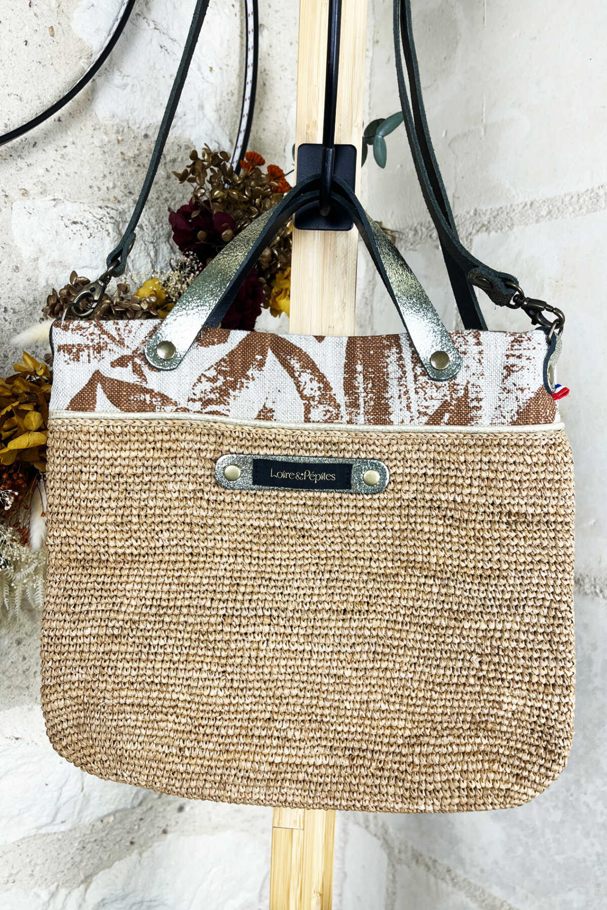 SAC A MAIN BANDOULIERE –  Raphia/lin – Feuillage terracota
