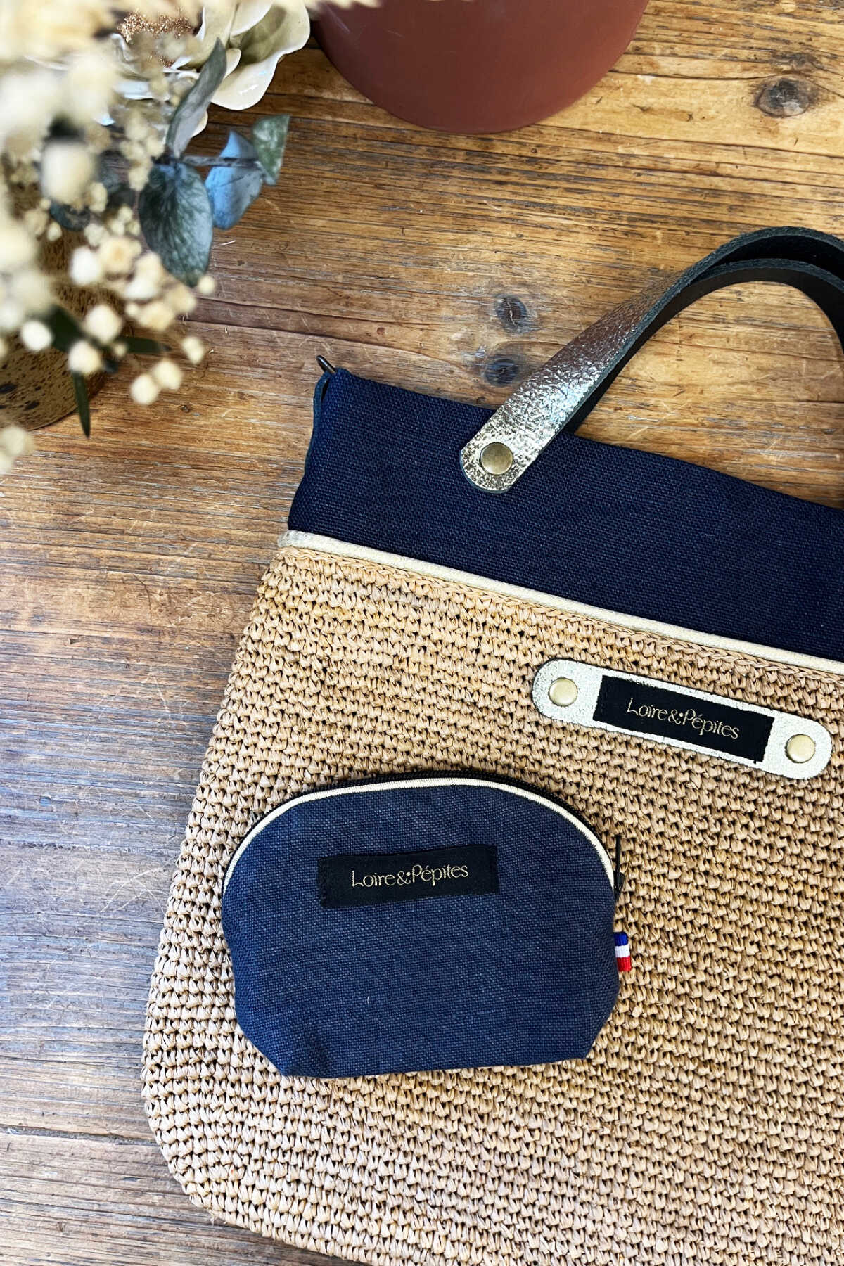 SAC A MAIN BANDOULIERE –  Raphia/lin – Marine