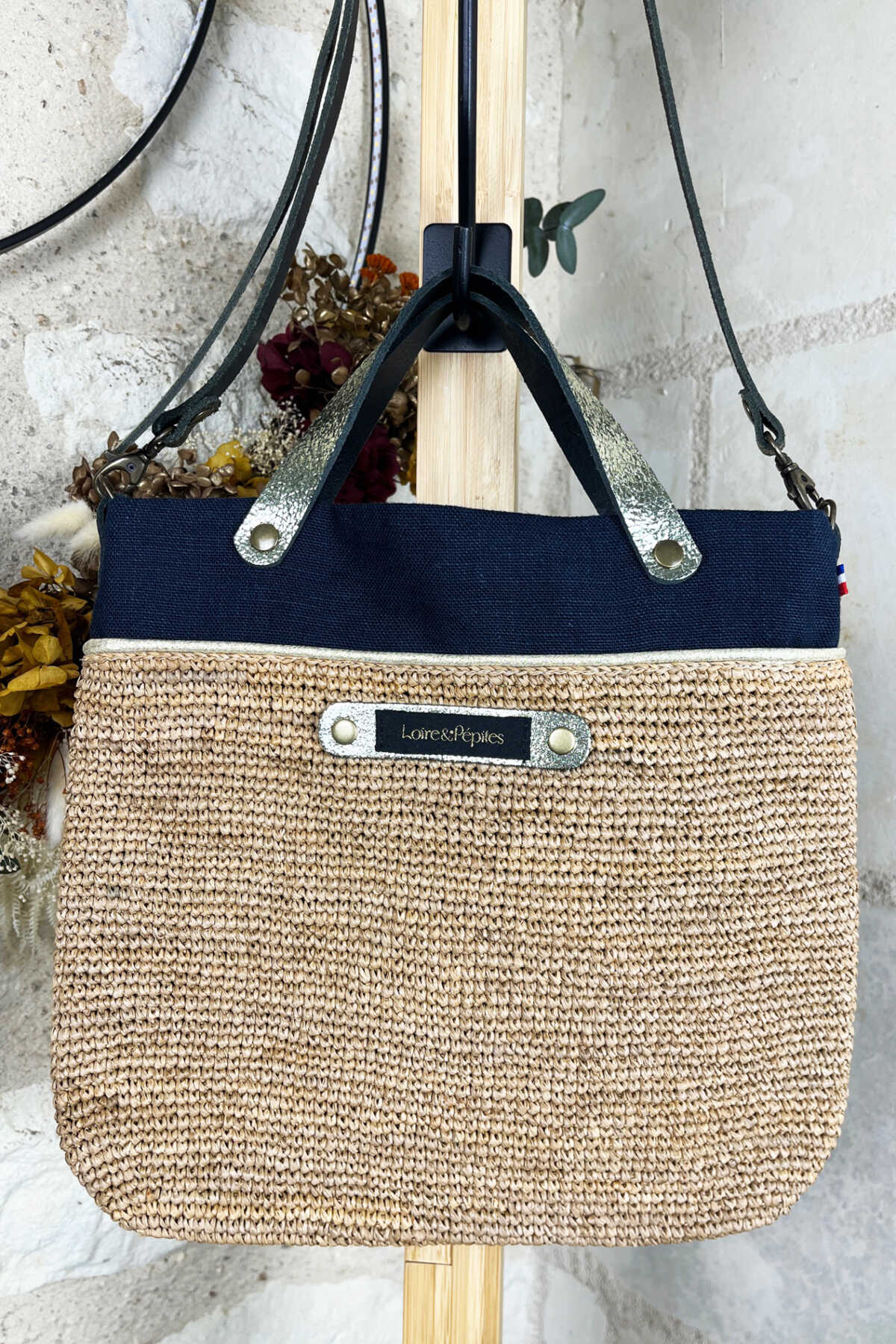 SAC A MAIN BANDOULIERE –  Raphia/lin – Marine