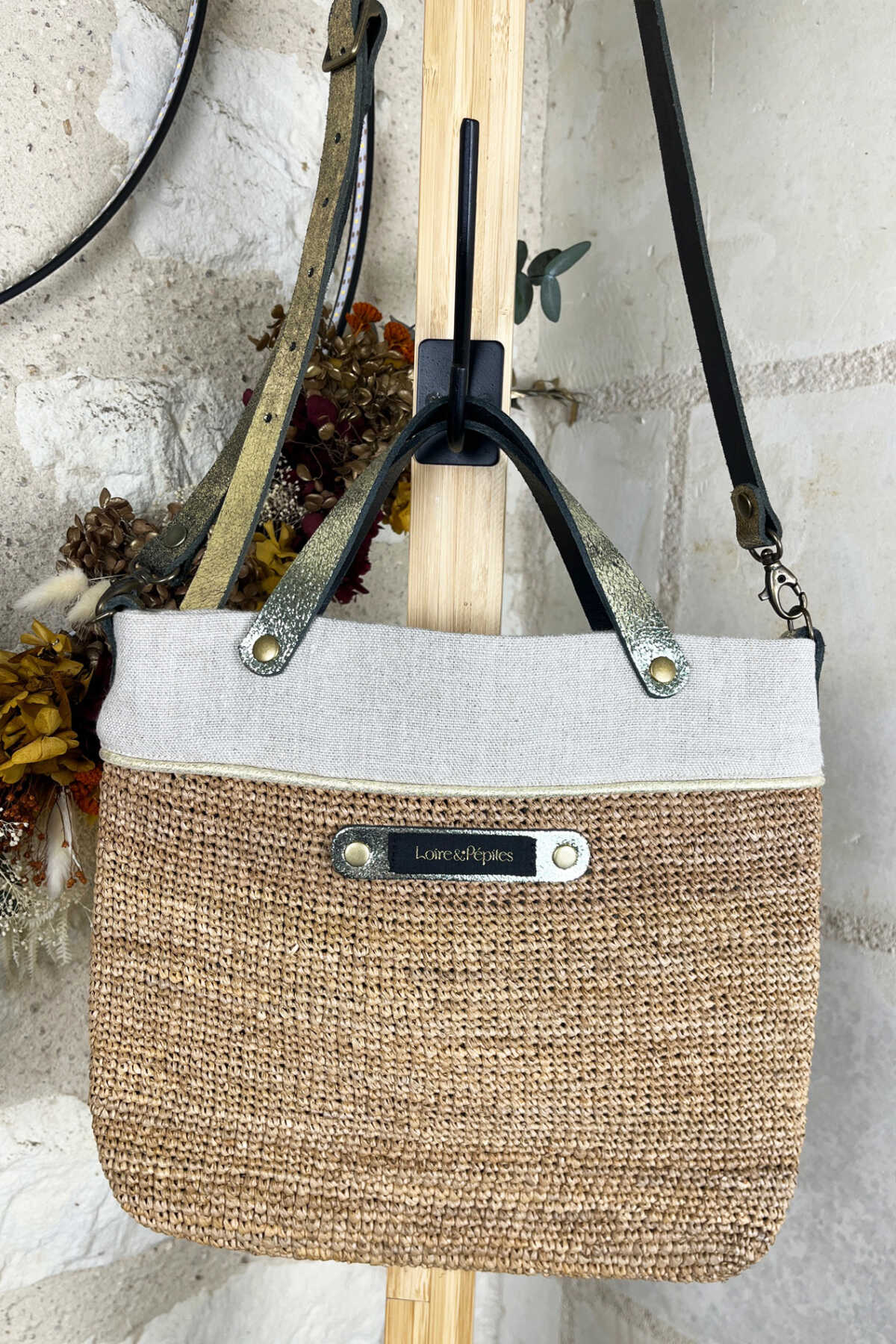 SAC A MAIN BANDOULIERE –  Raphia/lin – Naturel