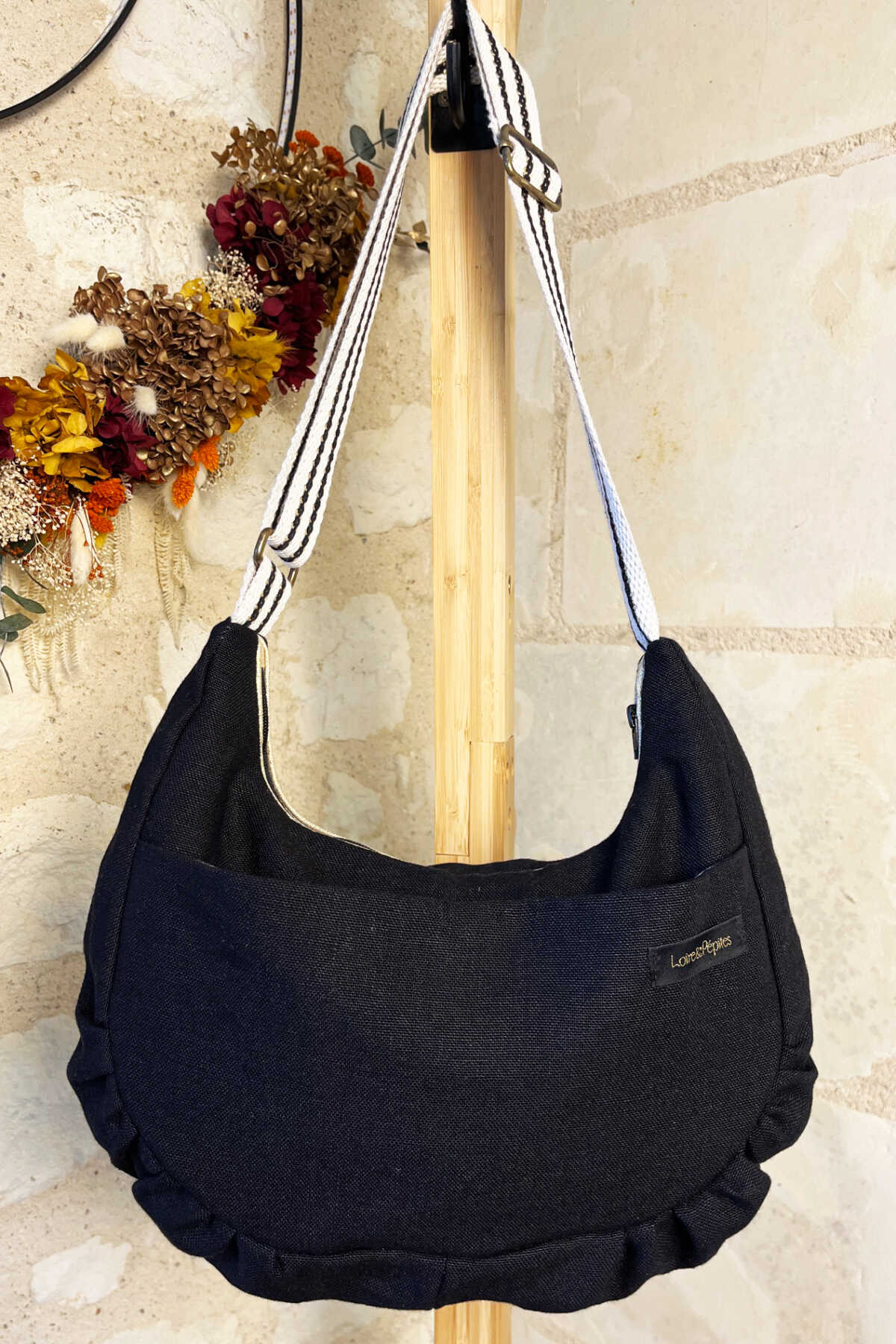 SAC BANDOULIERE –  froncé – Lin noir