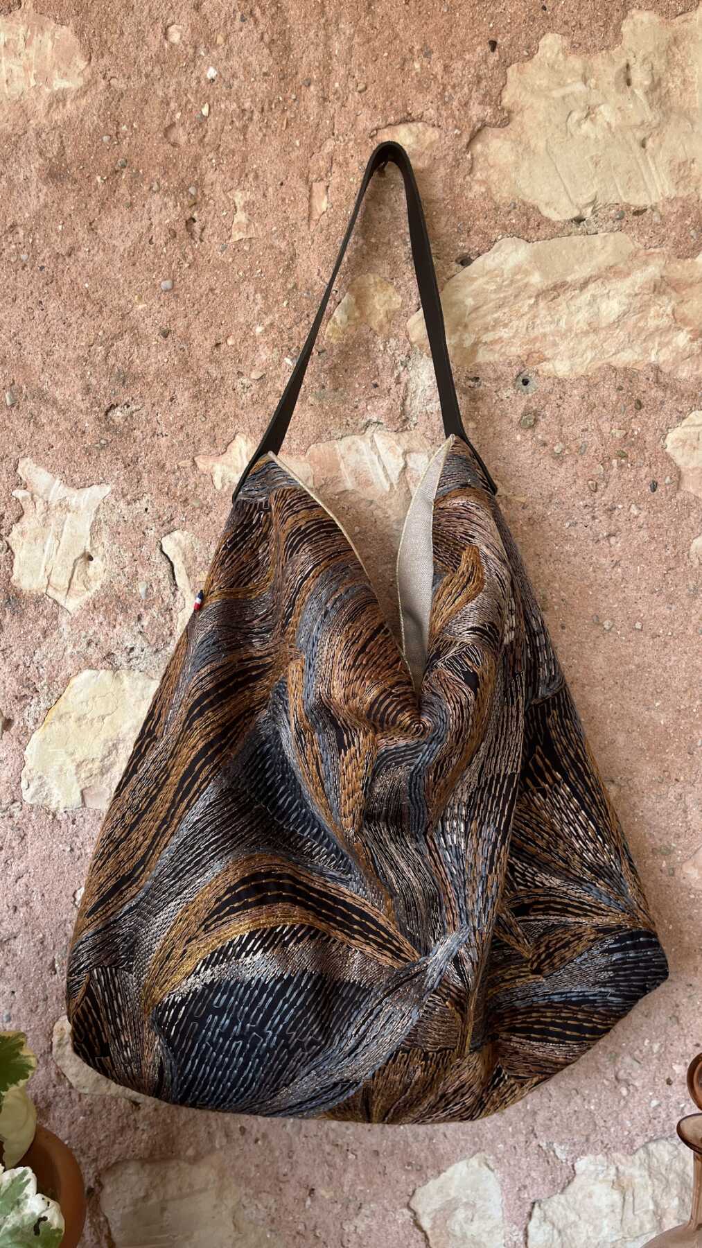 Sac Cabas | Brodé feuillage marron