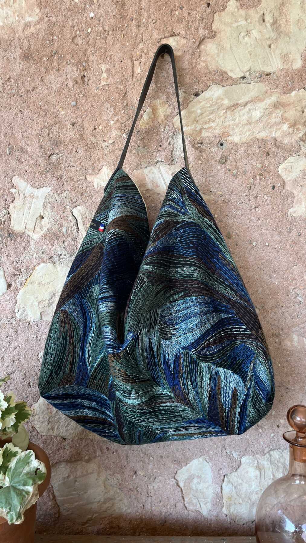 Sac Cabas | Brodé feuillage bleu