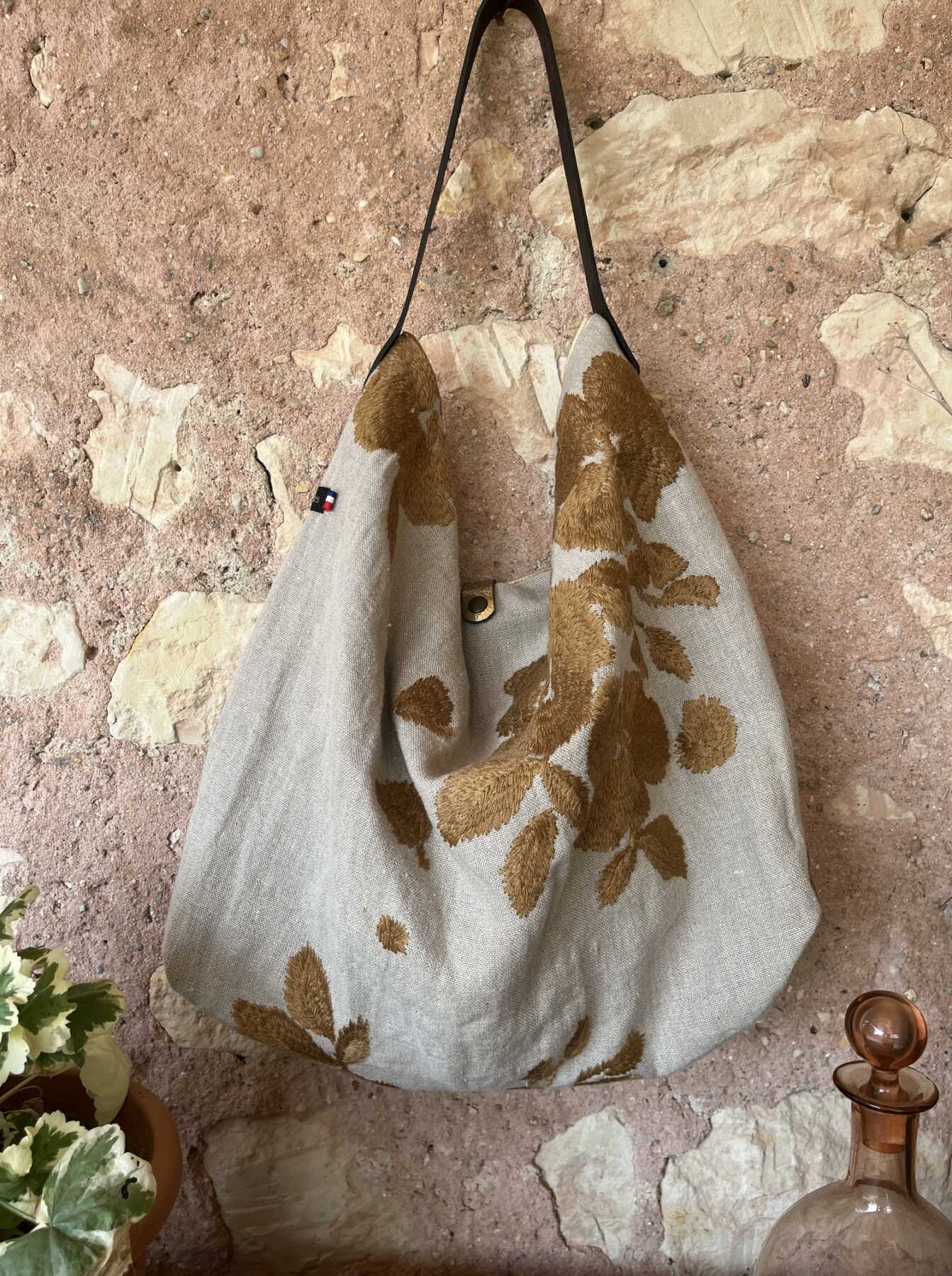 Sac Cabas | Brodé fleur moutarde